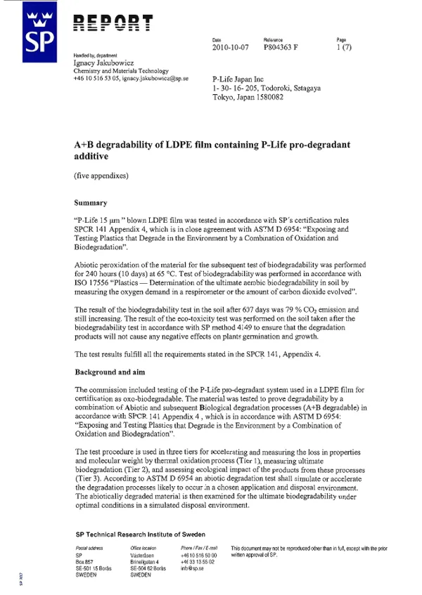 Certificado de biodegradabilidade do aditivo P-Life